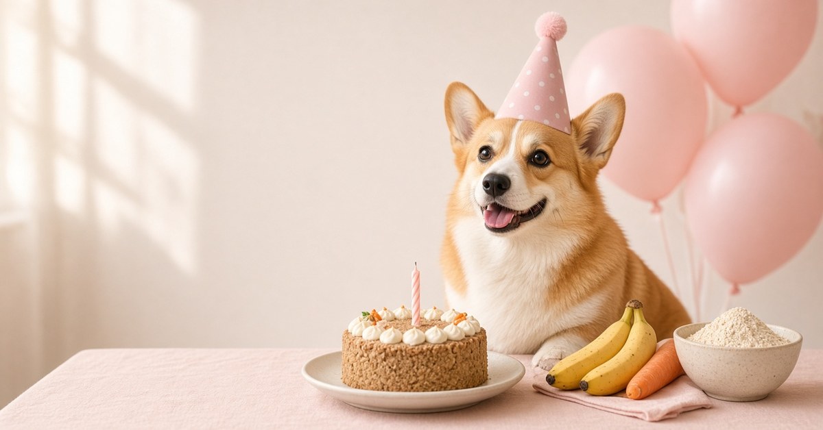 Corgi mit Partyhütchen sitzt vor einem selbstgemachten Hundegeburtstagskuchen