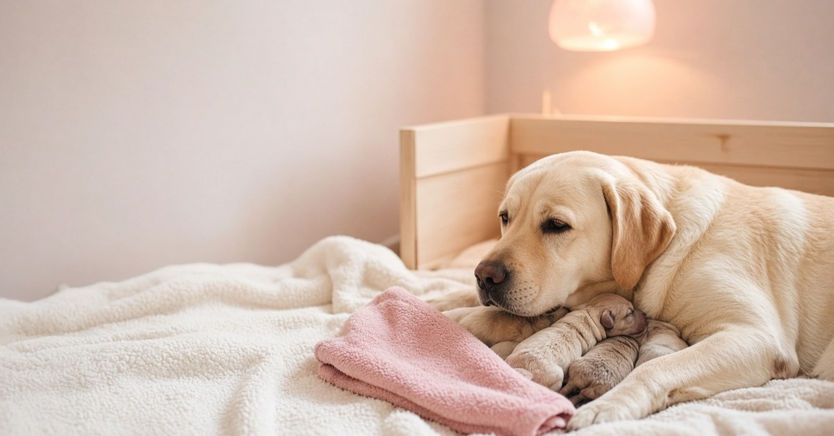 Erfahrungsbericht einer Hundegeburt 37 Labrador-Mutter liegt ruhig mit ihren Neugeborenen in der Wurfkiste