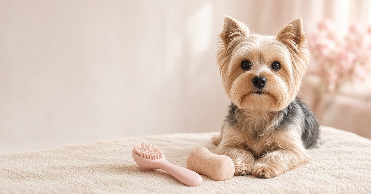 Zahnprobleme bei Hunden 8 Yorkshire Terrier liegt neben einer Zahnbürste und einem Kauknochen