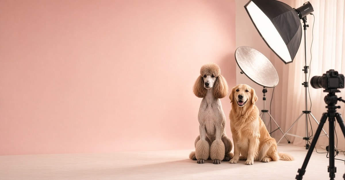 Pudel und Golden Retriever posieren im Fotostudio vor rosa Hintergrund