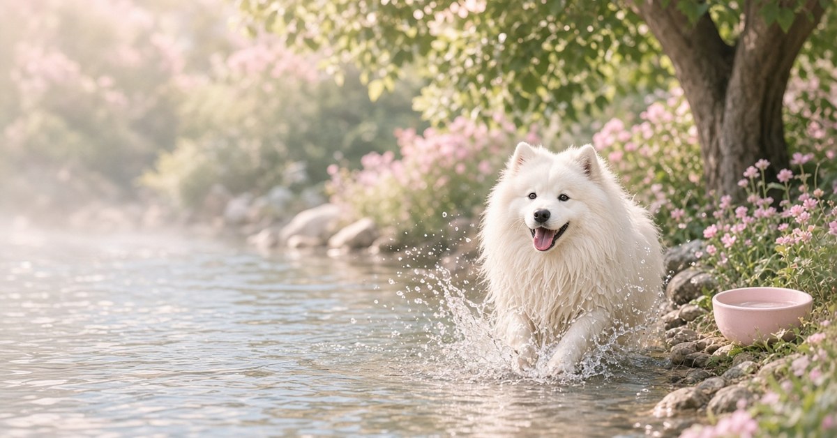So hilfst du deinem Hund an heißen Tagen 33 Weißer Samojede planscht an einem heißen Tag fröhlich im flachen Bach