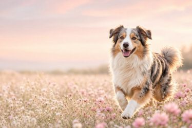 Glücklicher Australian Shepherd rennt durch eine Blumenwiese im Abendlicht