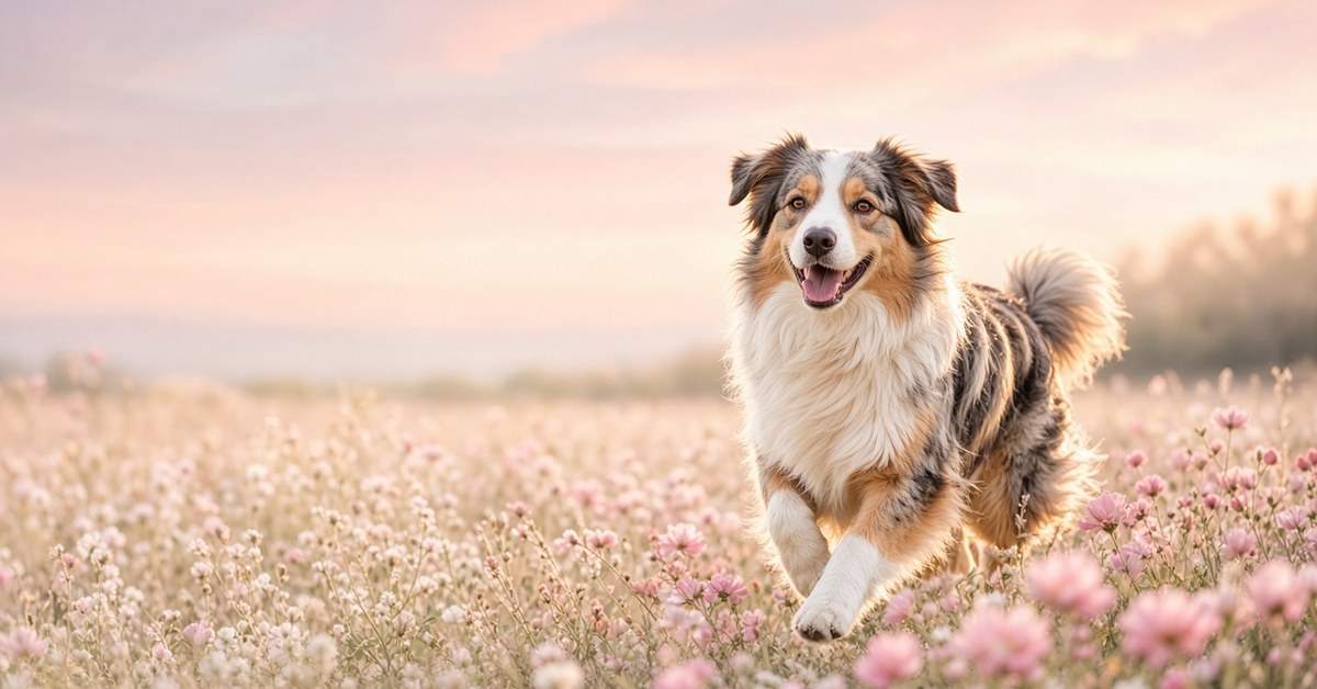 Glücklicher Australian Shepherd rennt durch eine Blumenwiese im Abendlicht