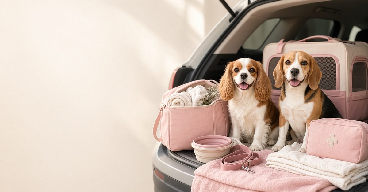 Cavalier und Beagle sitzen im Kofferraum zwischen Reisetasche, Transportbox und Reiseapotheke