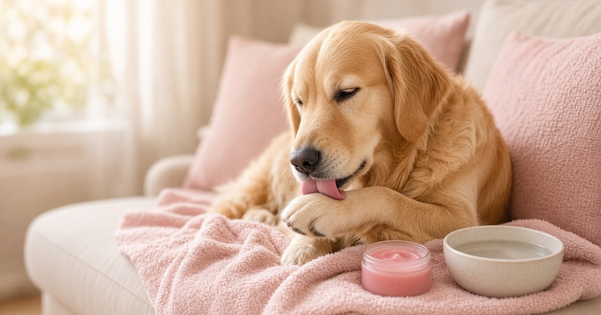 Golden Retriever leckt sich die Pfote, daneben Pfotenbalsam und Wassernapf