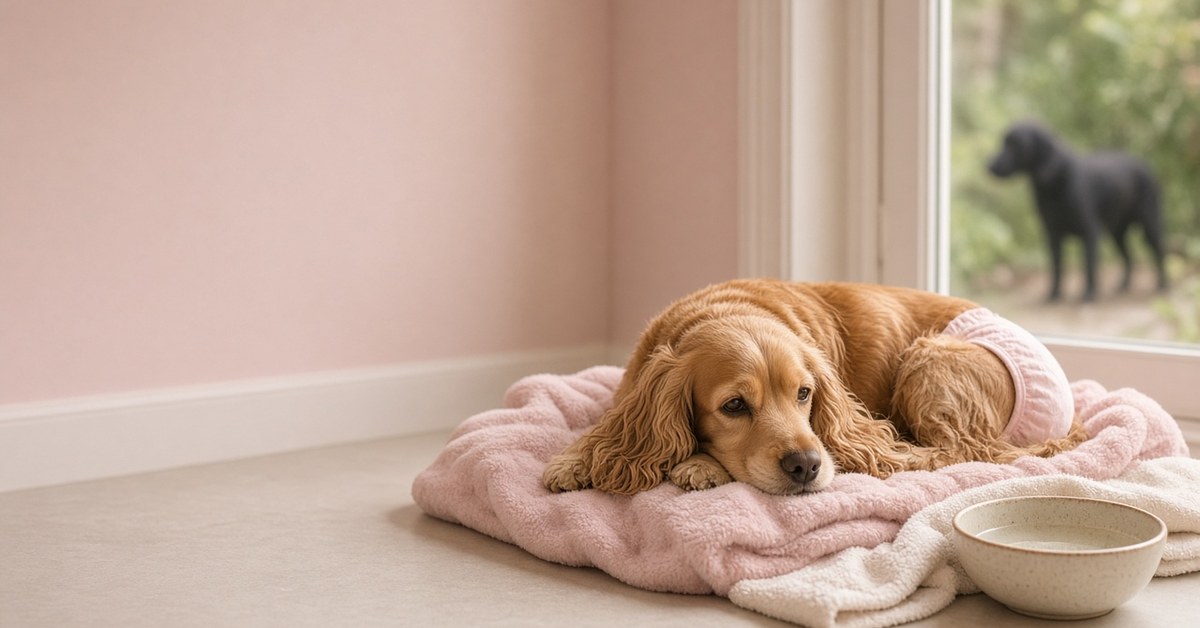 Heiße Mädels! Die Läufigkeit bei Hündinnen... 29 Hündin ruht auf einer rosa Decke, draußen vor dem Fenster steht ein dunkler Hund