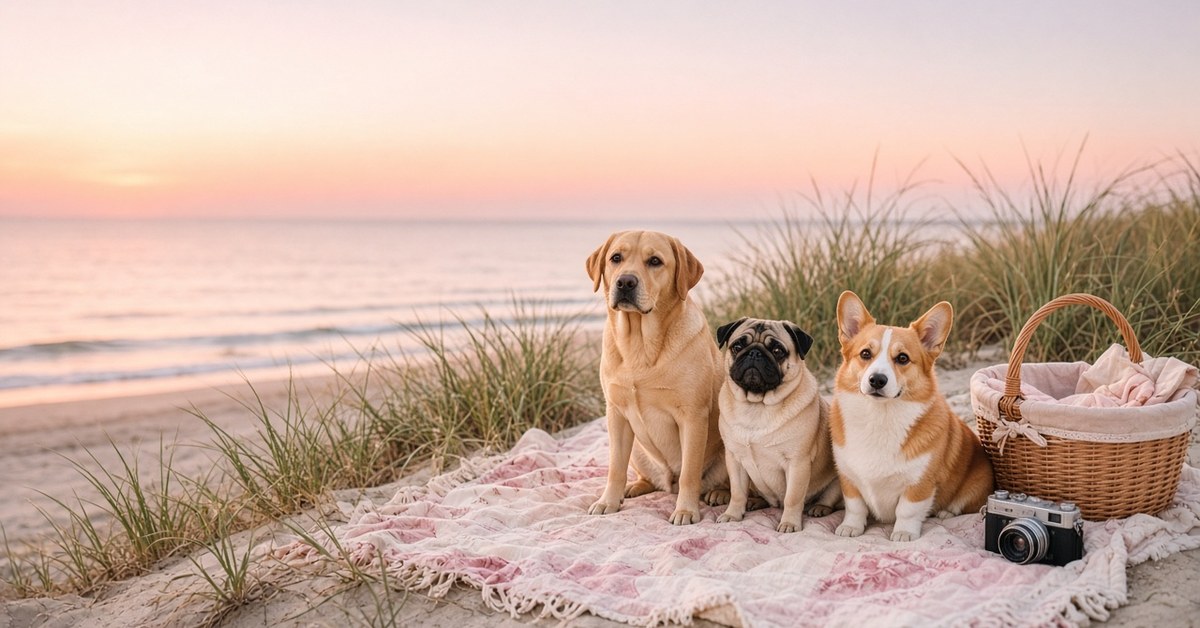 Labrador, Mops und Corgi sitzen auf einer Decke in den Dünen im Abendrot
