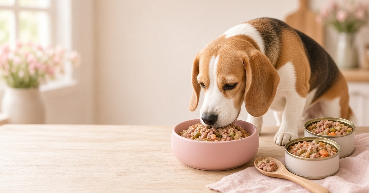 Beagle frisst Nassfutter aus einem rosa Napf, daneben geöffnete Dosen