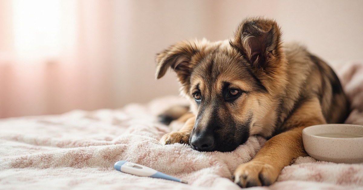 So erkennst du, ob dein Hund krank ist 27 Junger Schäferhund liegt schlapp auf einer Decke neben Fieberthermometer und Wassernapf