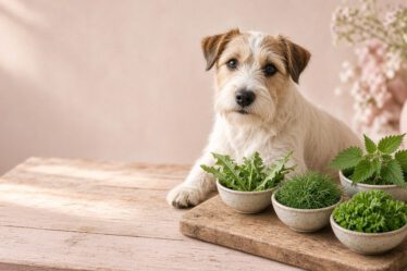 Terrier sitzt neben Schälchen mit frischen Kräutern auf einem Holzbrett