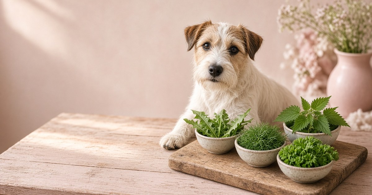 Terrier sitzt neben Schälchen mit frischen Kräutern auf einem Holzbrett