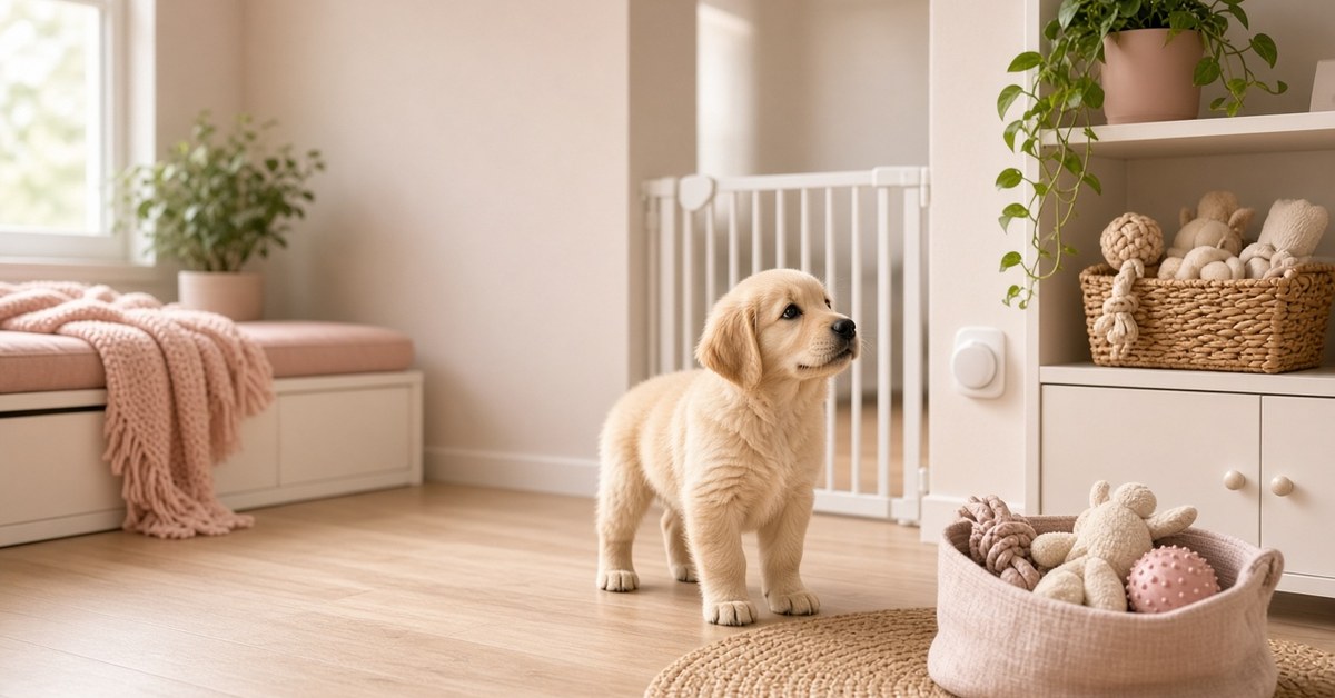Golden-Retriever-Welpe in einem welpensicheren Wohnzimmer mit Kindergitter und Spielzeugkorb