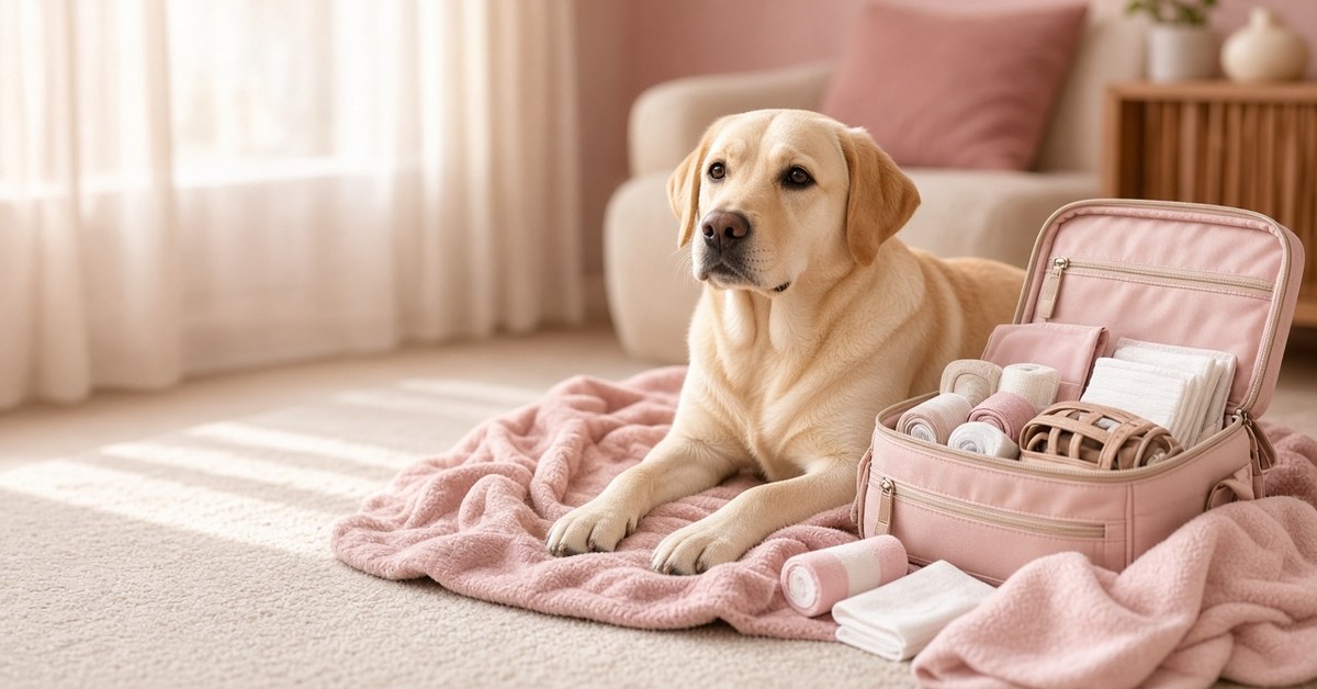 Labrador liegt neben einer geöffneten Erste-Hilfe-Tasche für Hunde