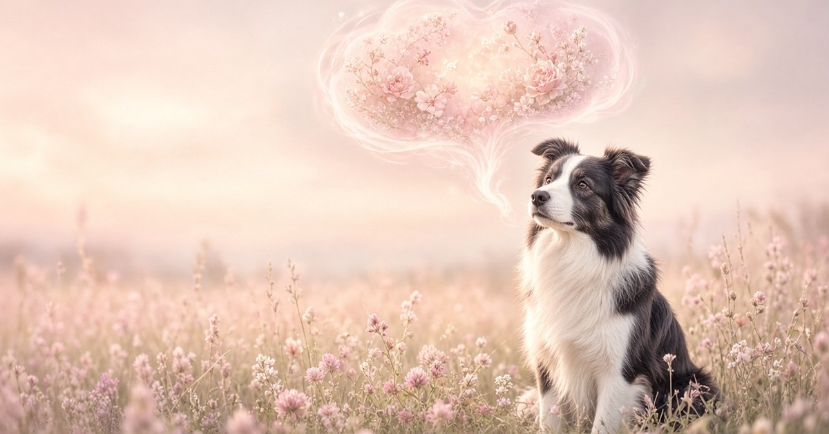 Border Collie sitzt in einer Blumenwiese, über ihm schwebt eine zarte Gedankenwolke aus Blüten