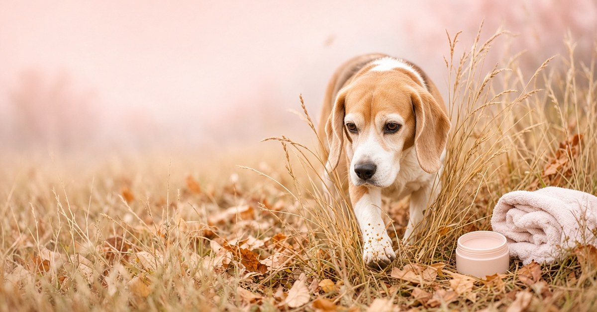 Beagle läuft durch herbstliches Gras, daneben Pfotenbalsam und ein Handtuch