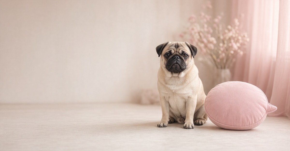 Mops sitzt ruhig neben einem rosa Kissen in Sprechblasenform