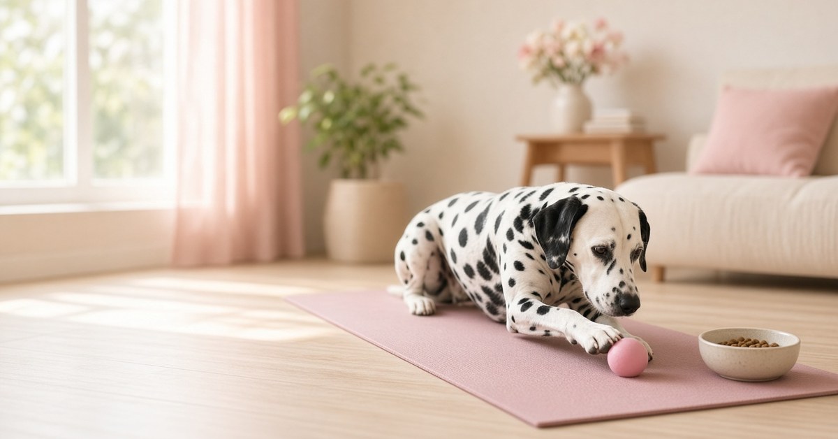Dalmatiner übt auf einer Yogamatte eine Pfötchen-Übung, daneben ein rosa Ball und ein Napf