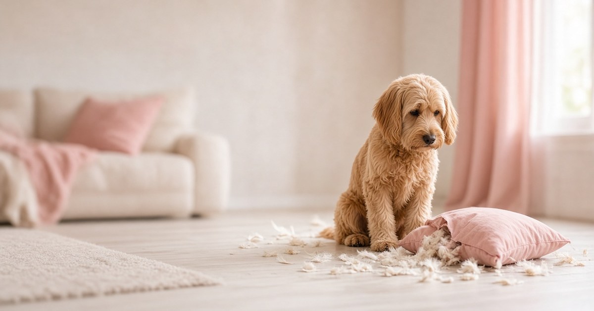 Goldendoodle sitzt schuldbewusst neben einem zerrupften rosa Kissen