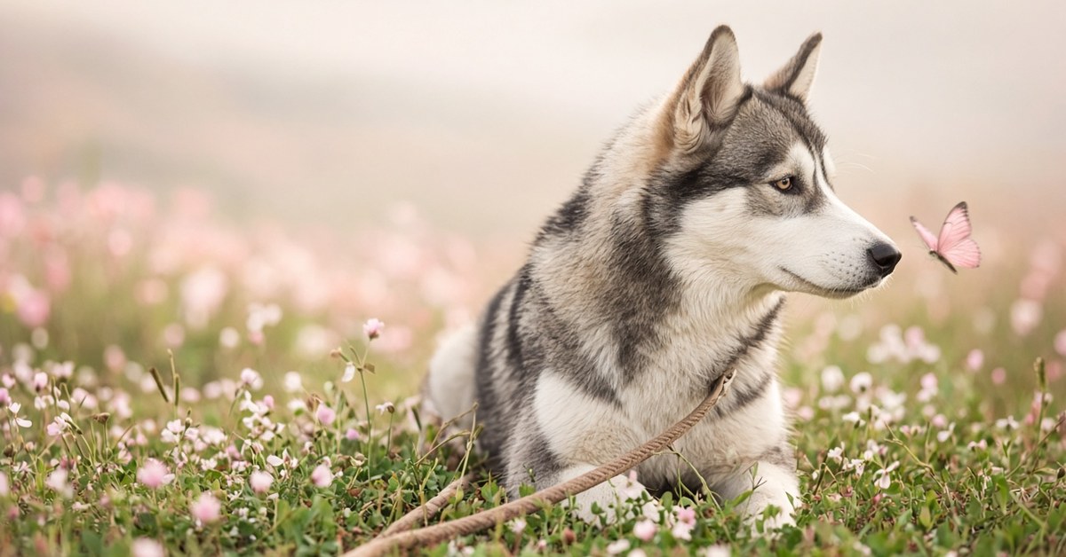 Warum hört mein Hund nicht? 6 Junger Husky wendet den Kopf ab, ein rosa Schmetterling fliegt vorbei