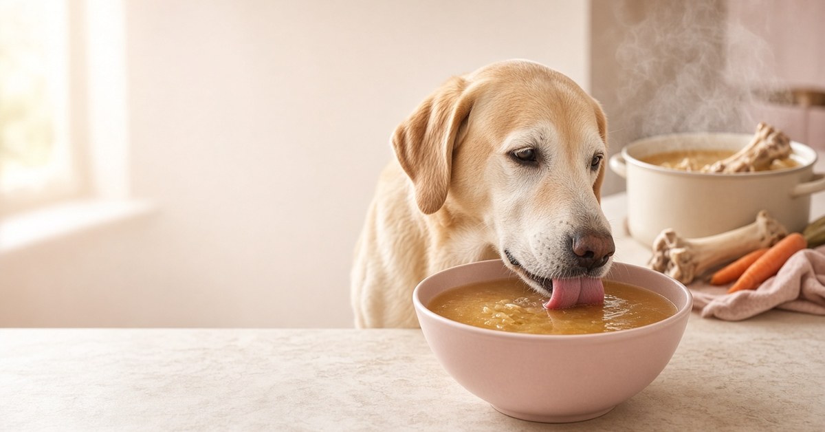 Älterer Labrador schleckt Knochenbrühe aus einem rosa Napf, im Hintergrund dampft ein Topf