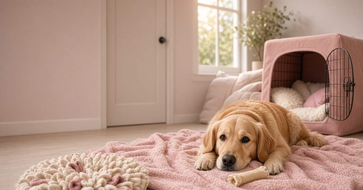 3 Tipps wie du deinen Hund stressfrei alleine lassen kannst 9 Entspannter Golden Retriever liegt allein auf einer rosa Decke neben Hundebox und Schnüffelteppich