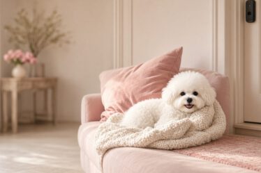 Weißer Bichon liegt kuschelnd auf dem Sofa neben der Haustür
