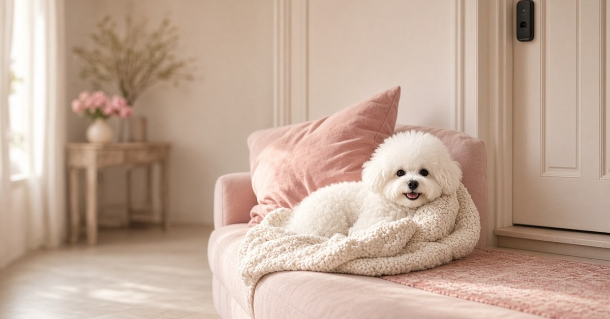 Vom Besucherschreck zum Kuschelmonster - Püppi wird gastfreundlich 4 Weißer Bichon liegt kuschelnd auf dem Sofa neben der Haustür