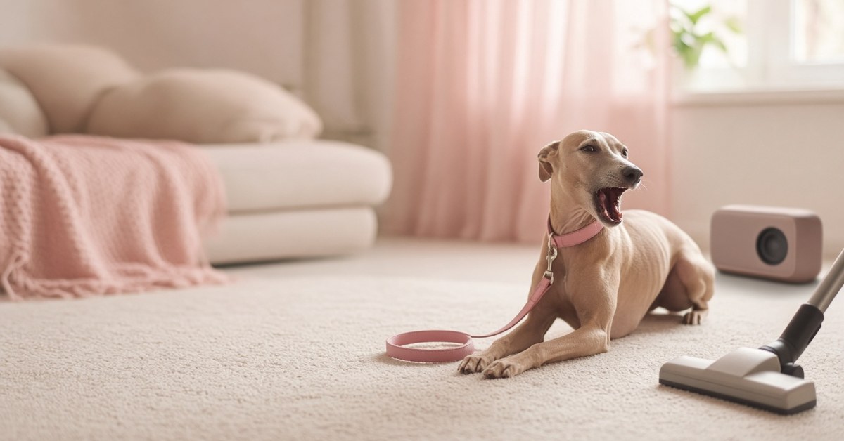 9 Dinge, die wir tun und unsere Hunde stressen 4 Windhund gähnt gestresst im Wohnzimmer neben Staubsauger und Lautsprecher