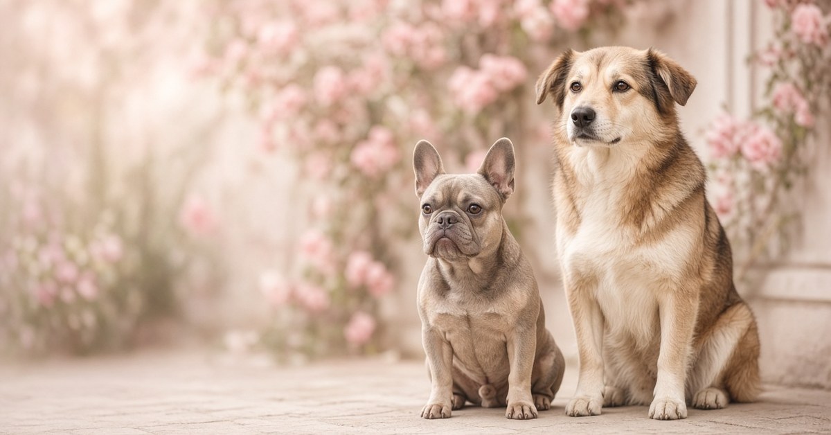 Französische Bulldogge und kräftiger Mischling sitzen nebeneinander vor Rosen