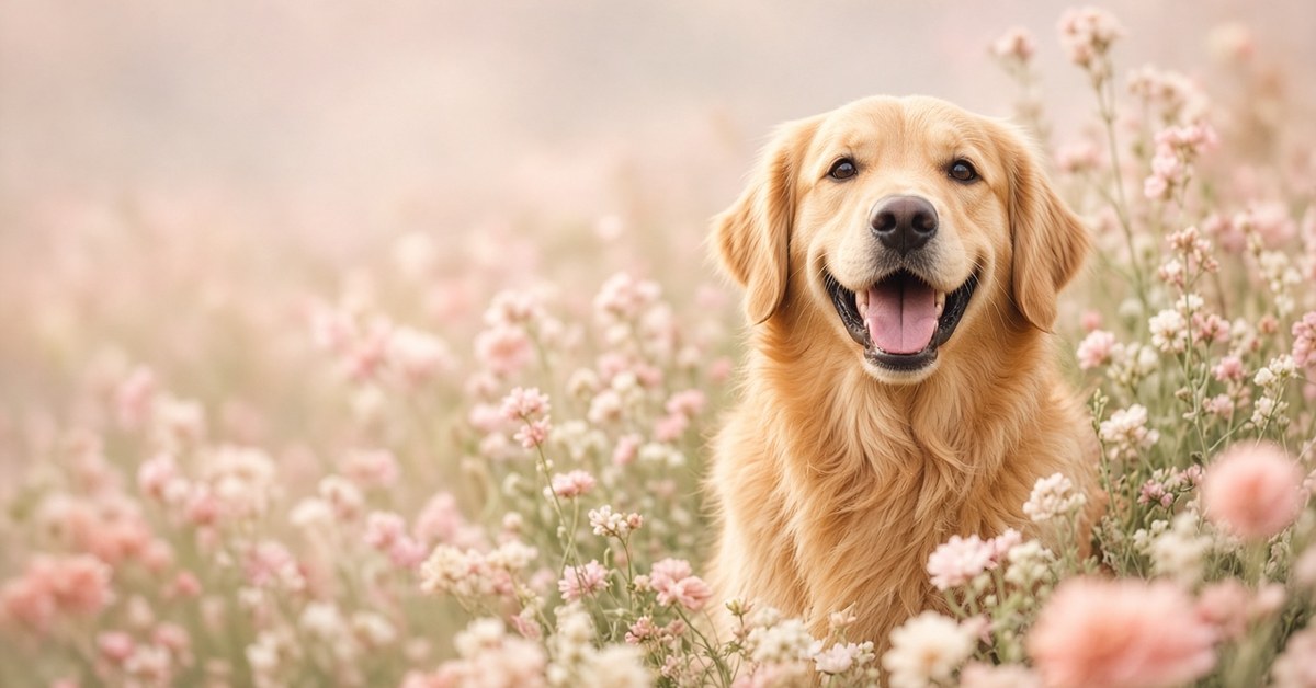 Lachender Golden Retriever in einer Blumenwiese