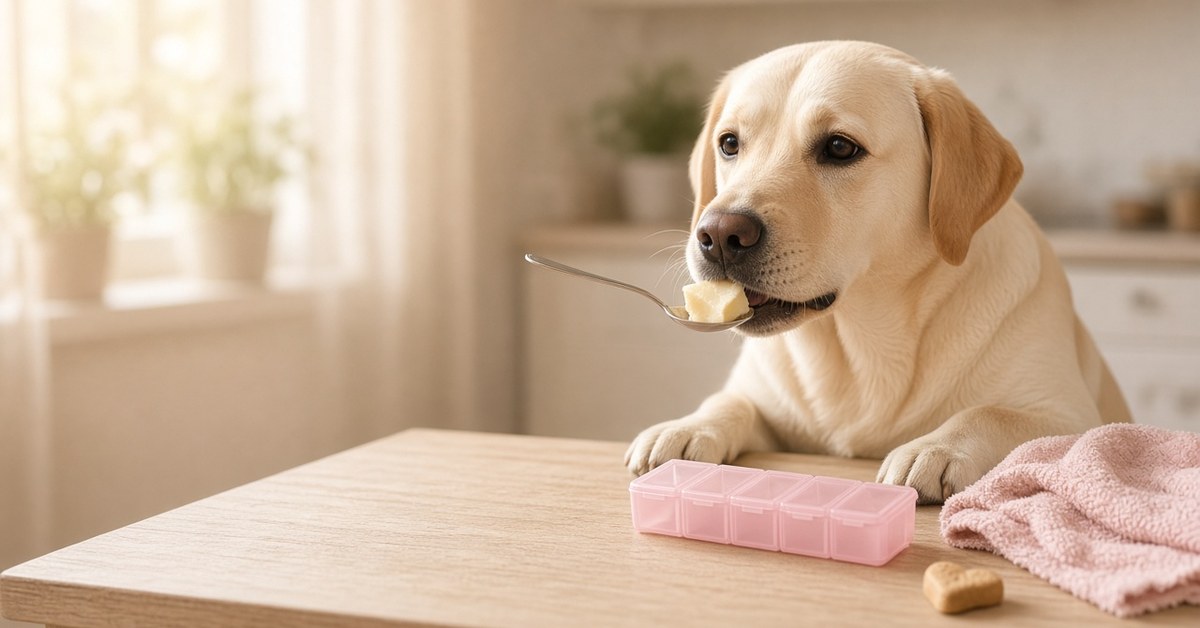 Labrador nimmt eine in Käse versteckte Tablette vom Löffel