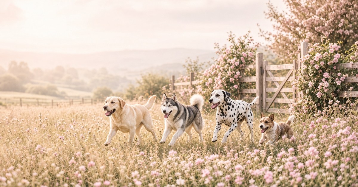 Vier Hunde toben gemeinsam über eine Blumenwiese mit Holzzaun