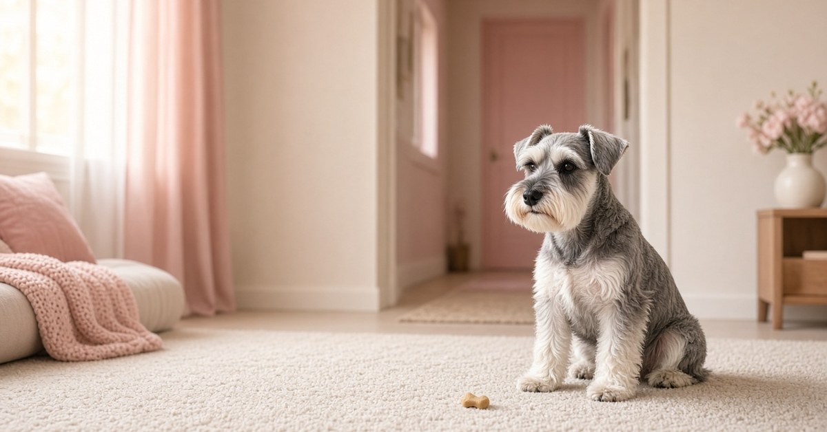 Zwergschnauzer sitzt ruhig im Wohnzimmer vor einem Leckerli