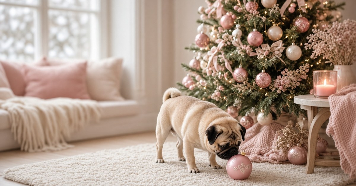 Neugieriger Mops schnuppert an einer rosa Christbaumkugel unter dem Weihnachtsbaum