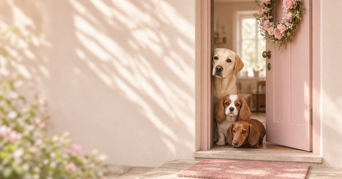 Drei Hunde lugen neugierig aus einer offenen rosa Haustür