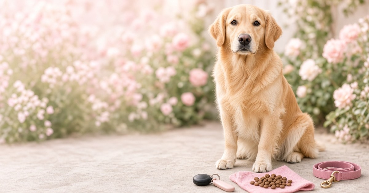 Die 3 wichtigsten Dinge im Hundetraining 10 Golden Retriever sitzt in einem Rosengarten neben Klicker, Leckerlis und Leine