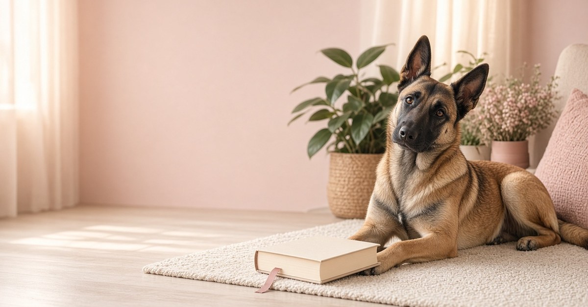 Buchtipp: "Wenn Hunde sprechen könnten und Menschen richtig zuhören" von Dirk Lenzen 2 Malinois liegt aufmerksam mit schiefgelegtem Kopf neben einem Buch auf dem Teppich