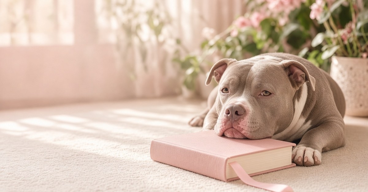 Buchtipp: "Hundeverhalten - Mimik, Körpersprache und Verständigung" von Barbara Handelmann 3 Pitbull-Typ liegt entspannt neben einem Buch mit rosa Lesebändchen
