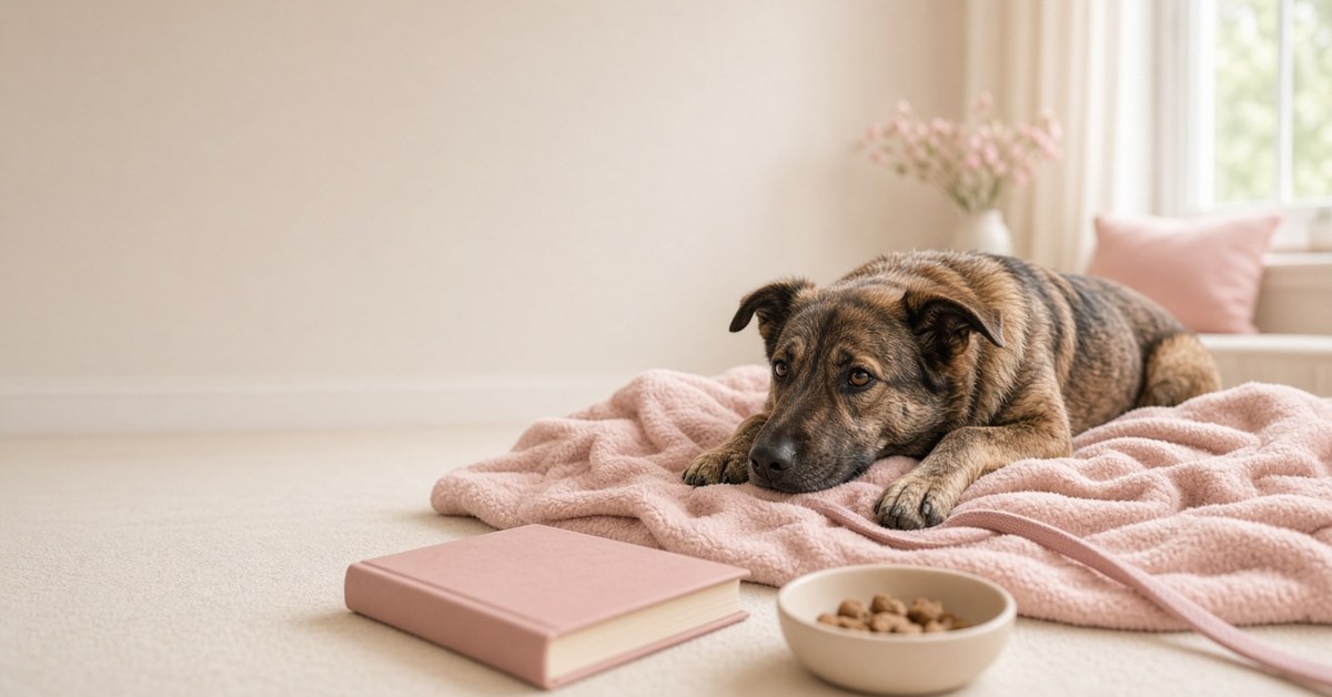 Entspannter Hund liegt auf rosa Decke neben Buch und Futternapf