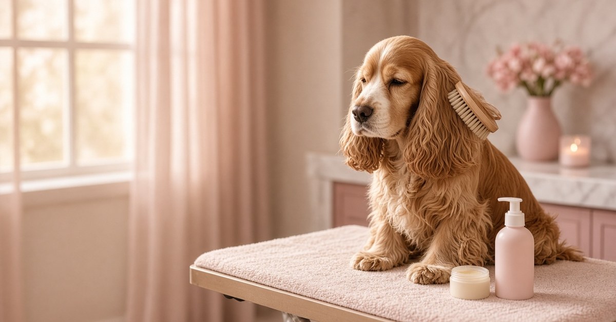 Fell, Pfoten, Ohren - Körperpflege beim Hund 9 Cocker Spaniel auf einem Pflegetisch mit Bürste, Pfotenbalsam und Pflegeprodukt
