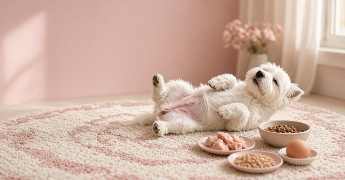 Westie liegt auf dem Rücken und kratzt sich am Bauch, daneben Näpfe mit verschiedenen Zutaten