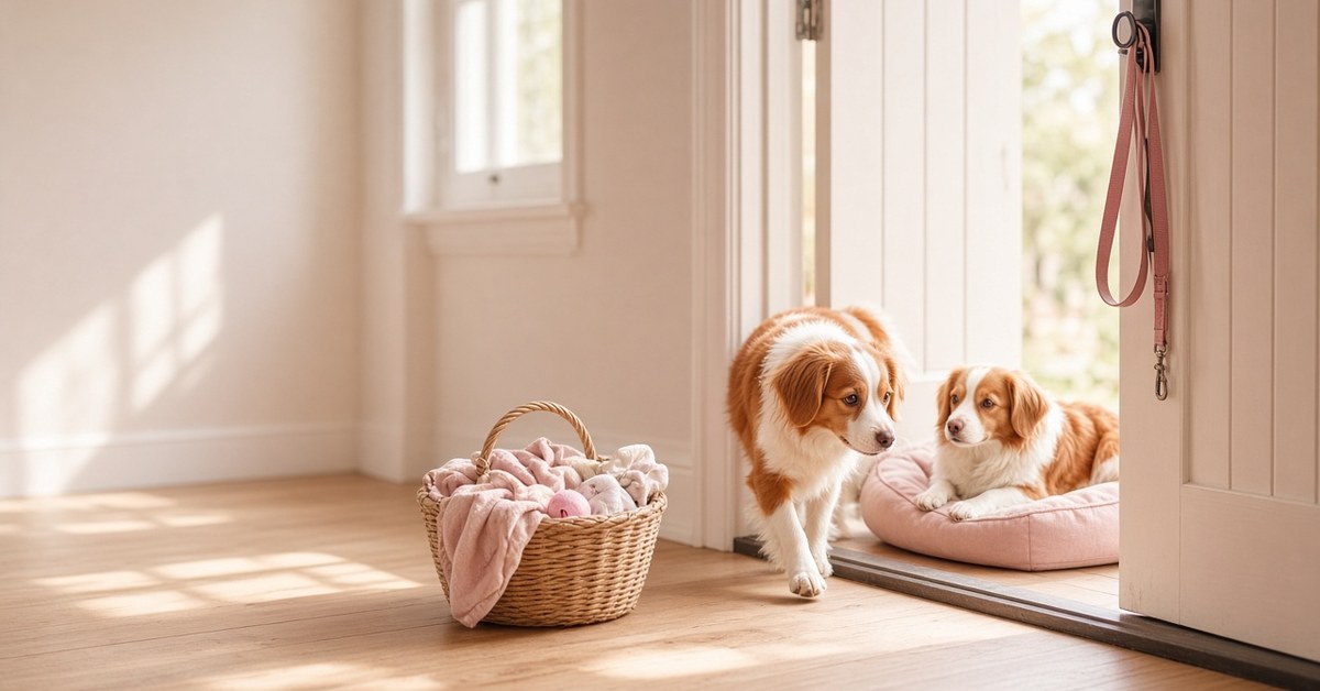 8 Tipps für den Einzug eines neuen Hundes 8 Kooikerhondje betritt neugierig den Flur, ein Hund wartet gelassen auf seinem rosa Bett