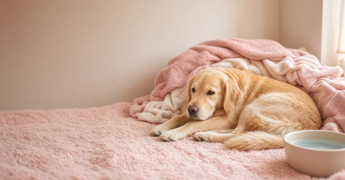 Schwangerschaft bei Hunden - das musst du wissen, wenn deine Hündin Welpen erwartet 8 Trächtige Golden-Retriever-Hündin ruht auf einer rosa Decke in einer gemütlichen Wurfecke