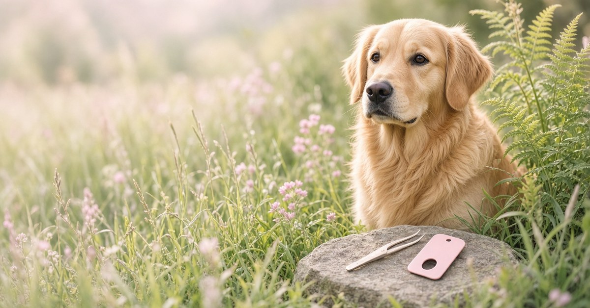 Zeckensaison 2019 - So kannst du deinen Hund schützen 7 Golden Retriever in hohem Gras, auf einem Stein liegen eine Zeckenzange und eine Zeckenkarte