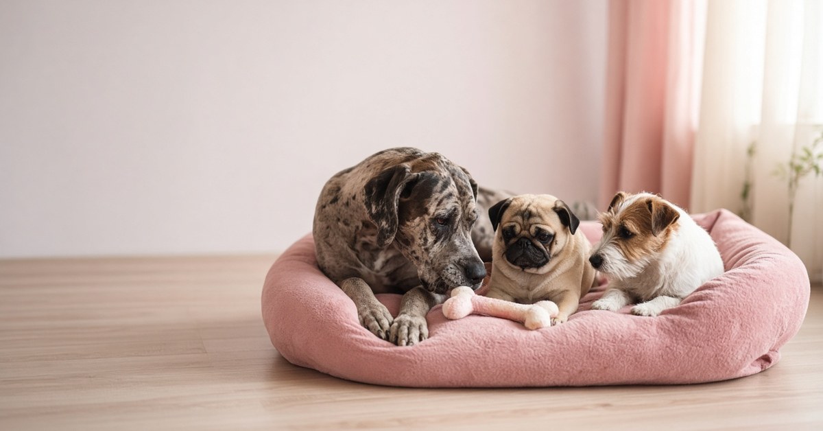 Fairness im Hunderudel 1 Drei verschieden große Hunde teilen sich ein rosa Hundebett und einen Knochen