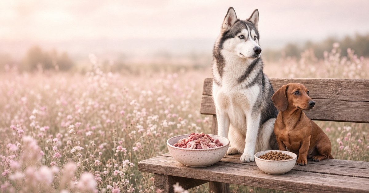 Artgerechte Hundehaltung - Welcher Experte hat Recht? 7 Husky und Dackel sitzen auf einer Bank in der Wiese mit rohem Futter und Trockenfutter