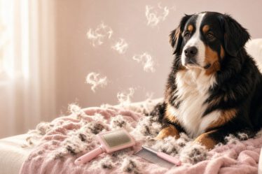 Berner Sennenhund auf dem Sofa umgeben von Fellbüscheln, mit Bürste und Kamm