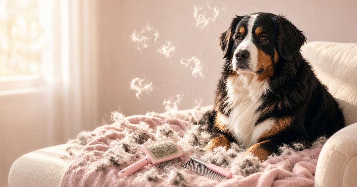 Fellwechsel - diese Produkte helfen uns durch die haarige Zeit 5 Berner Sennenhund auf dem Sofa umgeben von Fellbüscheln, mit Bürste und Kamm