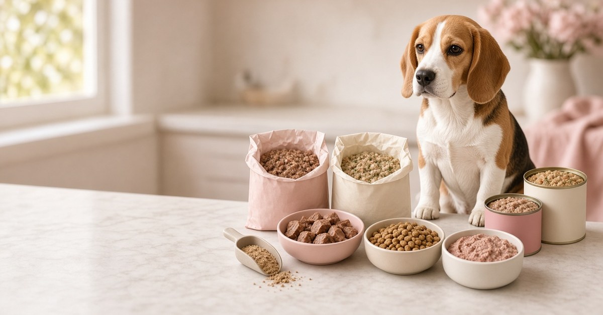 Beagle sitzt neben mehreren Näpfen, Beuteln und Dosen mit Fertigfutter