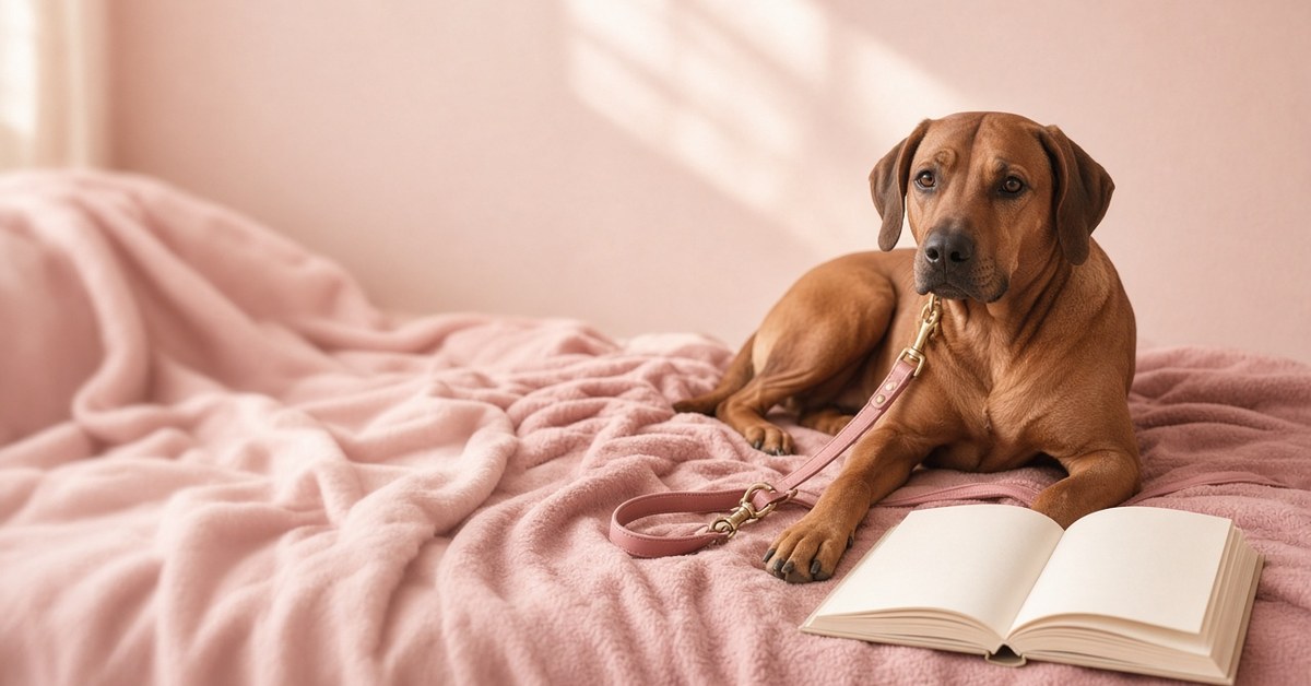 Buchtipp: "Angeleint" von Katharina von der Leyen 6 Rhodesian Ridgeback liegt mit Leine auf einer rosa Decke neben einem aufgeschlagenen Buch